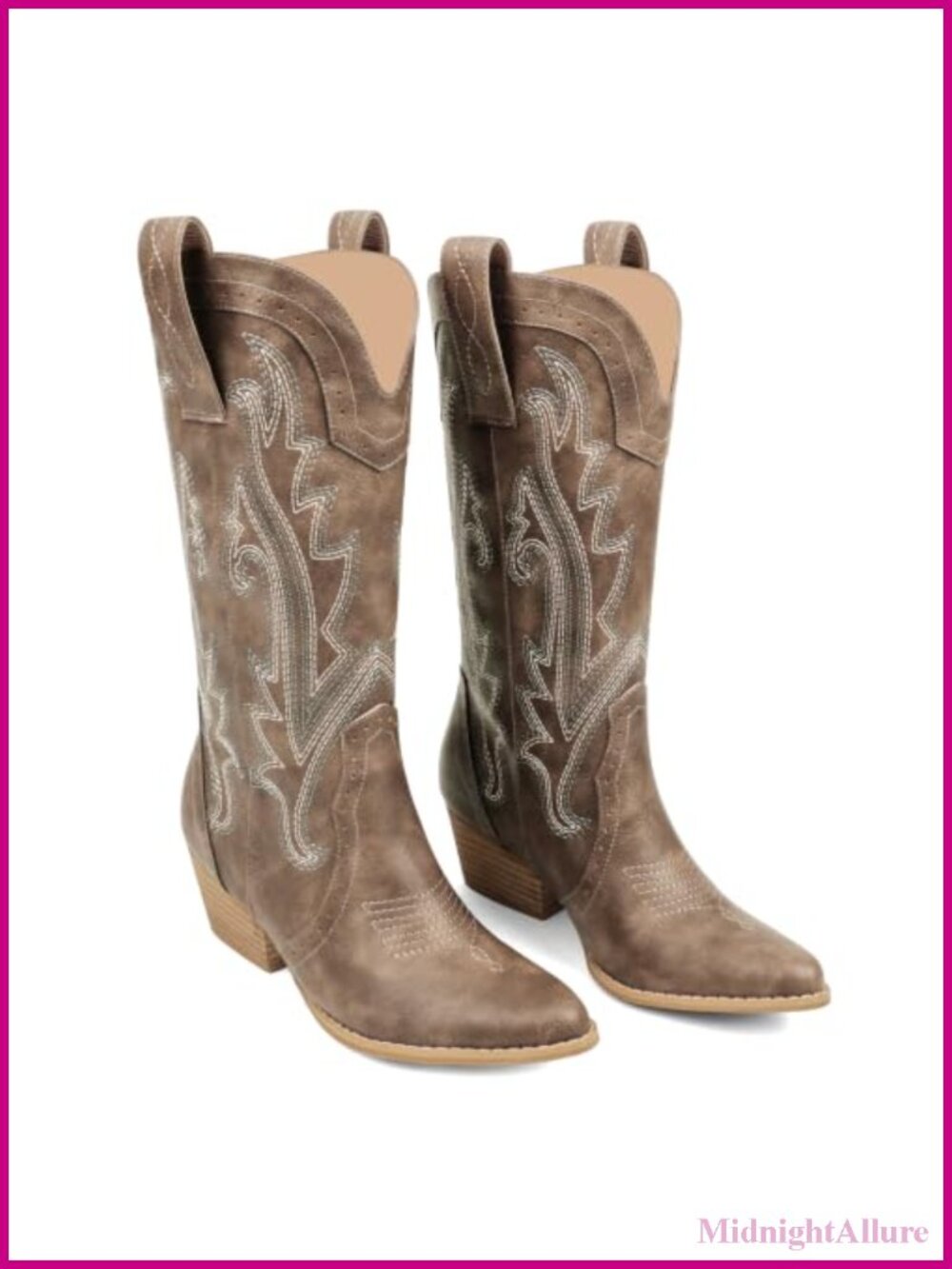 Mid Calf Cowboy Boots Women Closed Toe Western Cowgirl Faux Leather